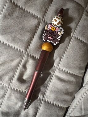 Cute Cow Charm Pink Metallic Pen with Yellow Bead